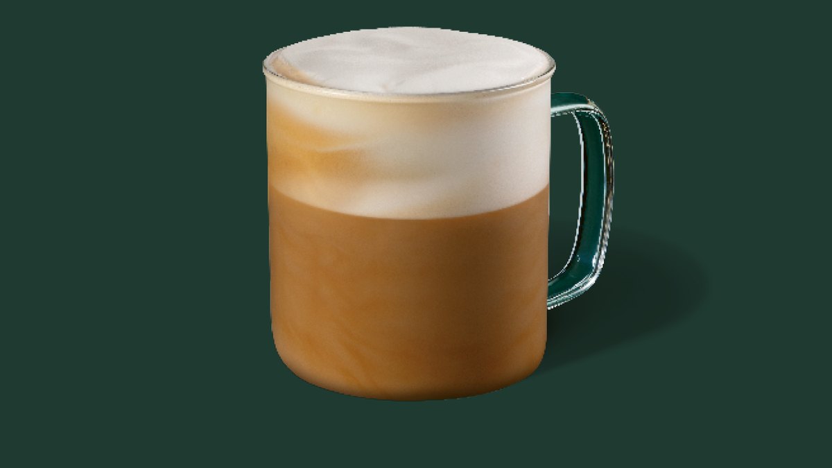 Officiële Starbucks-productfoto van een Cappuccino in een witte kop op een groene achtergrond
