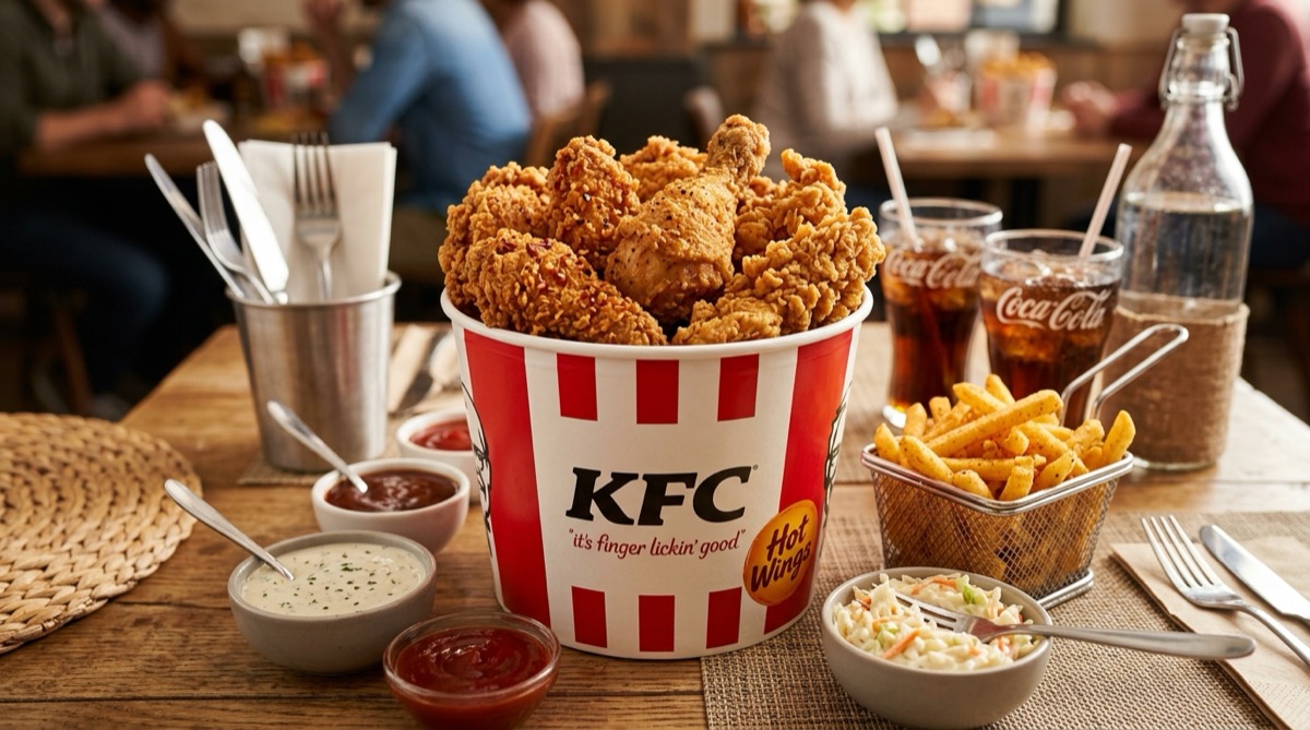 KFC Bucket met knapperige hot wings, crispy tenders, original recipe kip en frites