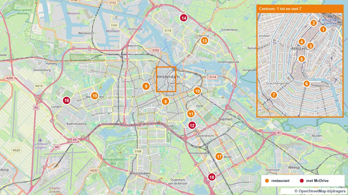 Kaart van Amsterdam met de 18 McDonald's-vestigingen genummerd, de vier met McDrive in rood, en een uitvergroting van de zeven in het centrum